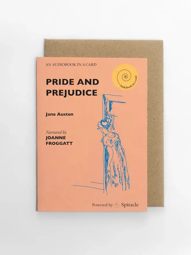 Pride And Prejudice Choose Your Own Audiobook In A Card, against a grey background. 