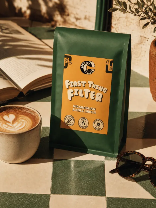 First Thing Filter. A bag of coffee from Counter Coffee.