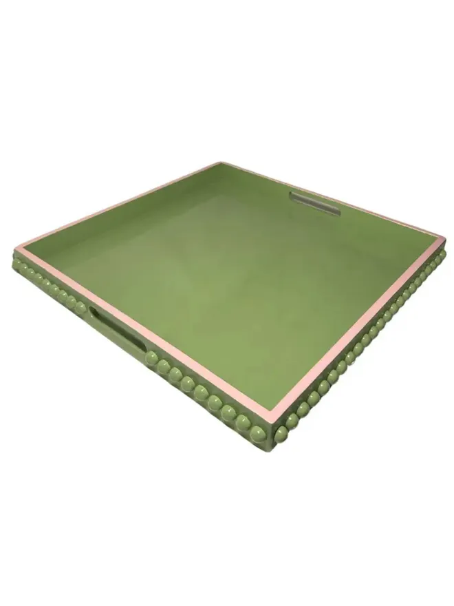 Green Bobbin Style Coffee Table Tray With A Pink Edge