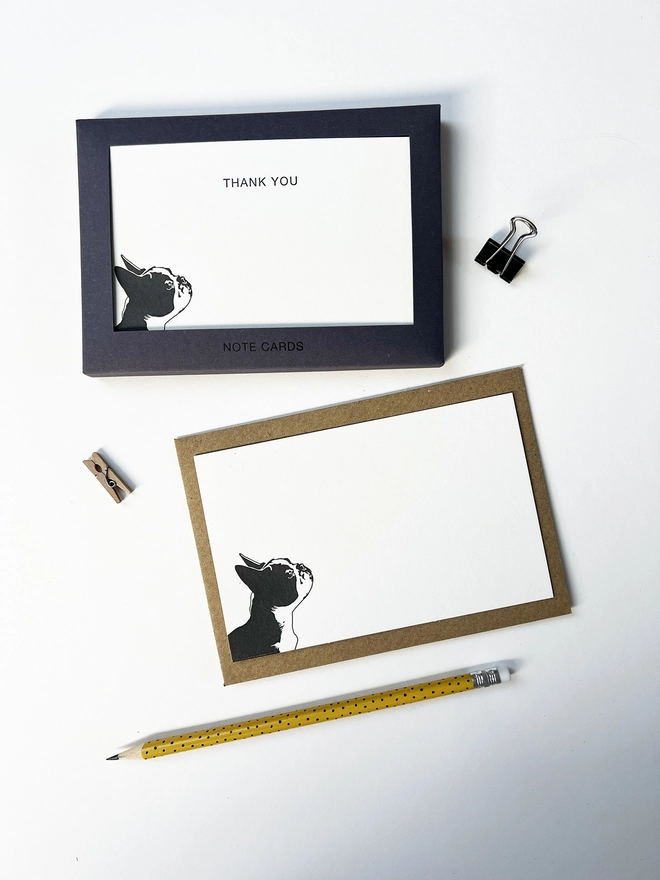 Boxed flat correspondence cards illustrated with a French bulldog