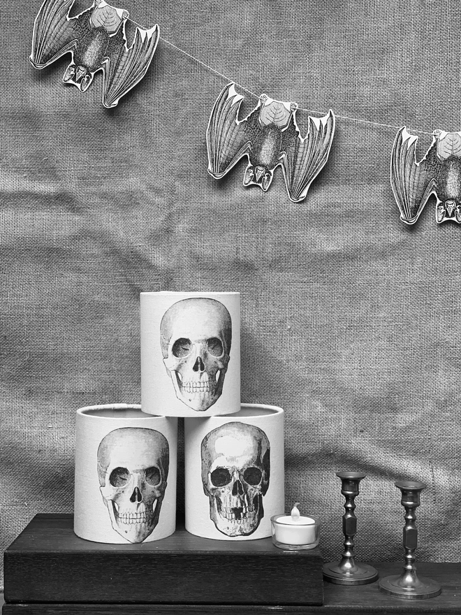 Black and white image of spooky Halloween decorations