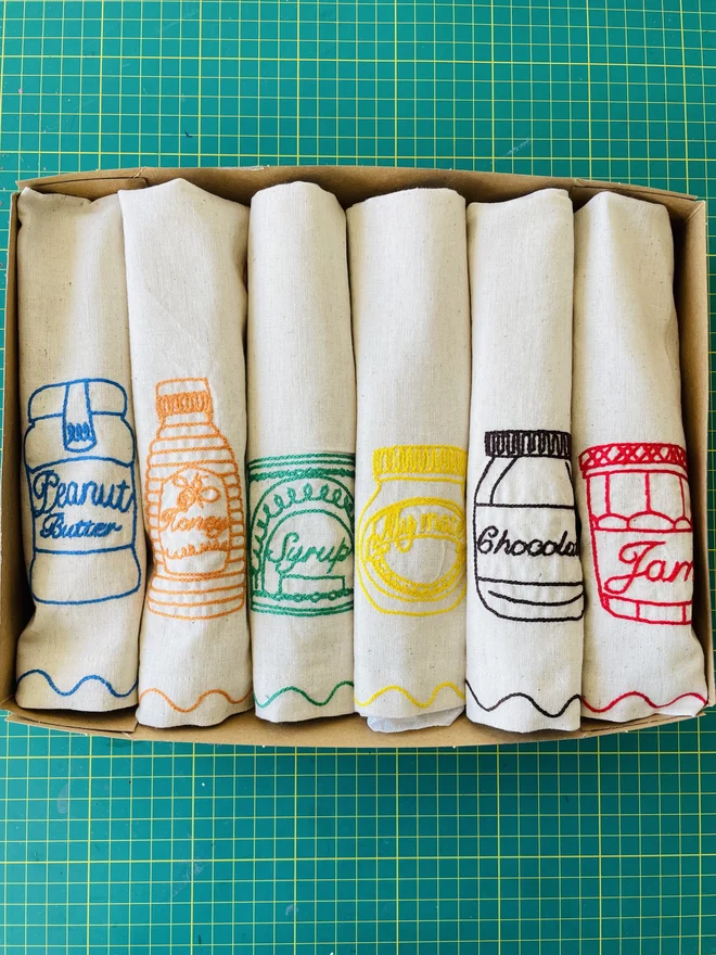 embroidered preserve napkins in a gift box