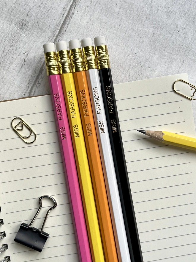5 HB Pencils - Pink, Yellow, Orange, White & Black with gold foil text