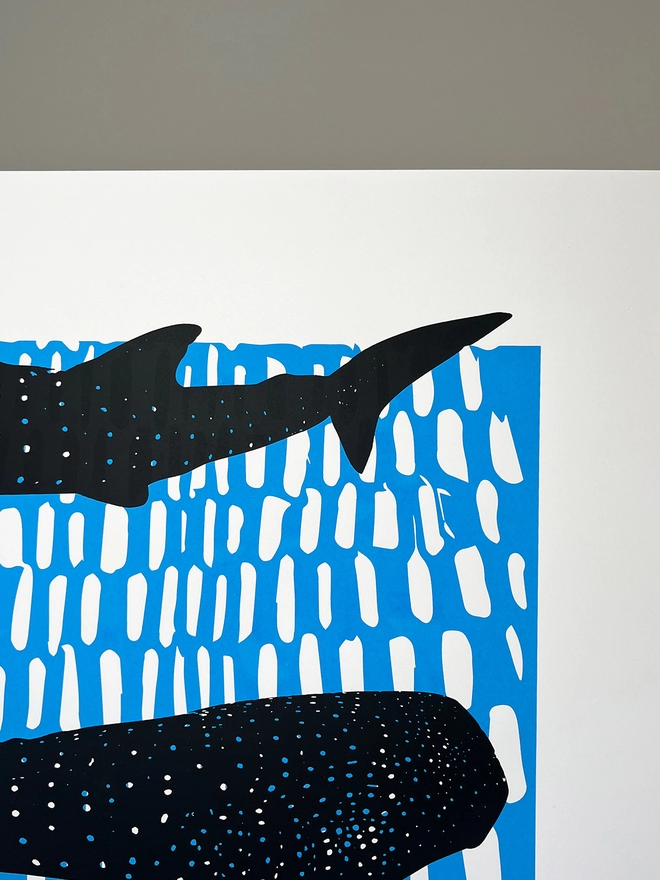 Whale Sharks (Black and Blue) – Screen Printed Poster - right close up