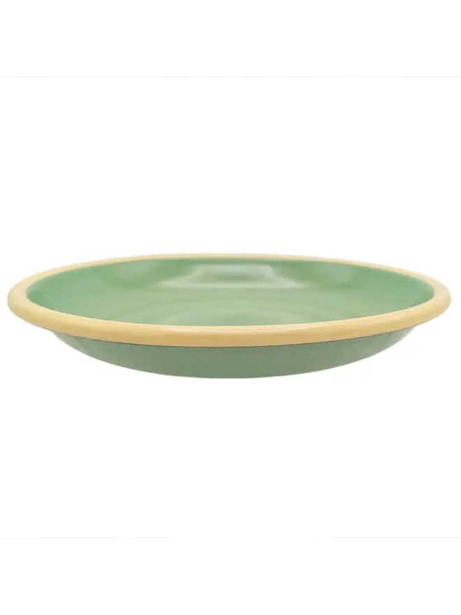 Enamel Plate, an enamel plate sitting on a white plain surface. 
