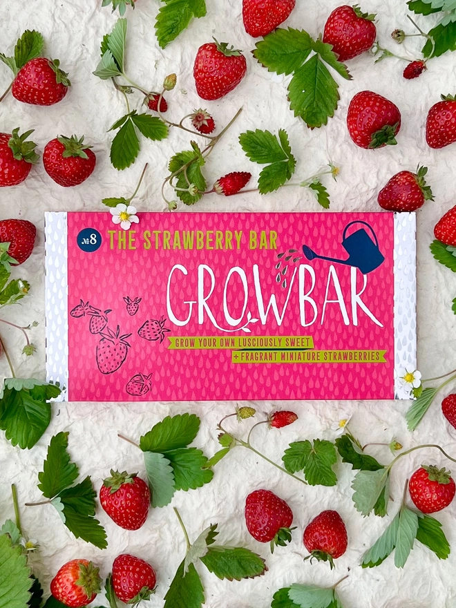 The Strawberry Growbar surrounded by delicious juicy red strawberries.