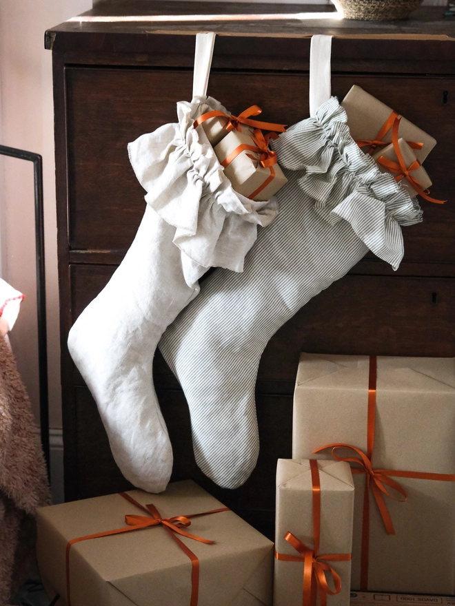 Linen ruffle christmas stockings