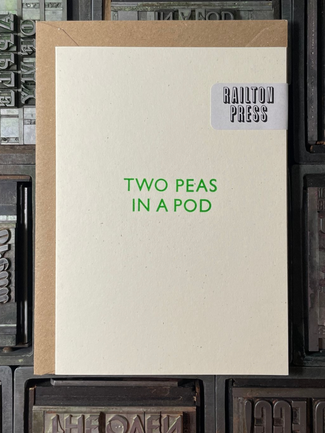 Two Peas in a Pod Card. A card with simple green lettering.