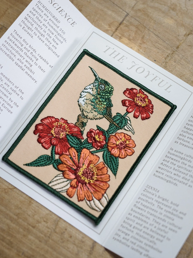 embroidered patch, embroidered card, hummingbird, zinnia, botanical, nature lover