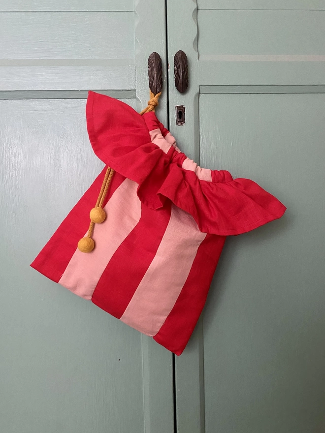 Red and pink linen striped childrens toy, storage or pyjama bag, christmas stocking