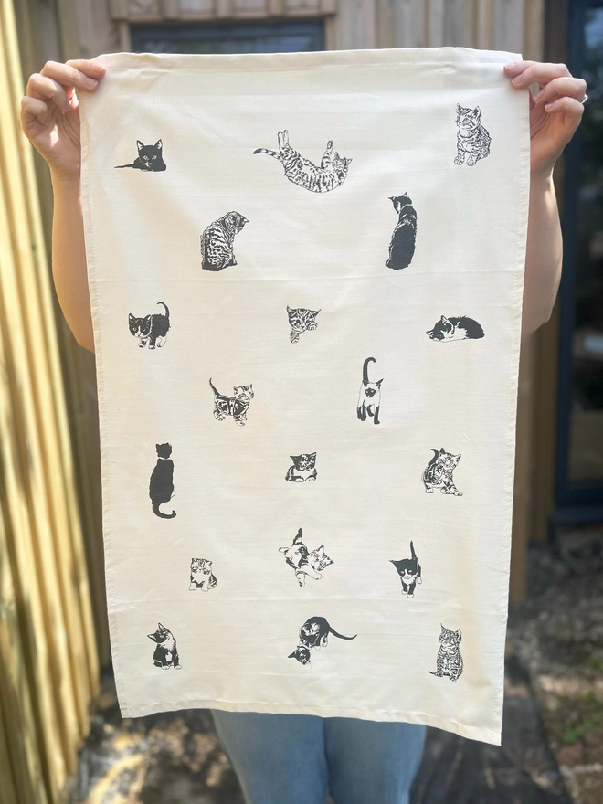 Tea towel decorated in a variety of little cats.