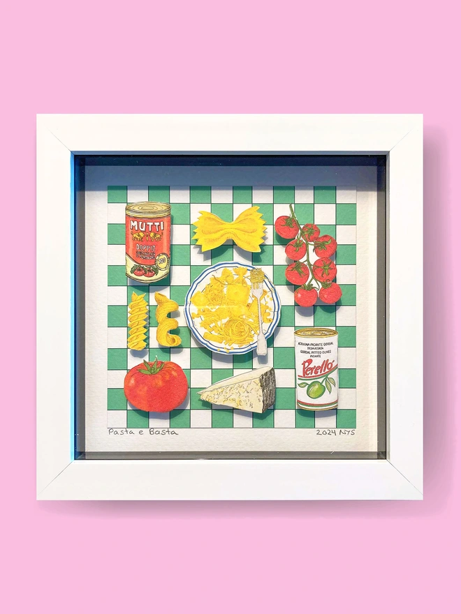 Colourful framed collage featuring Mediterranean food, with vibrant pasta dishes, tomatoes, and olives, set against a green and white checkered backdrop.