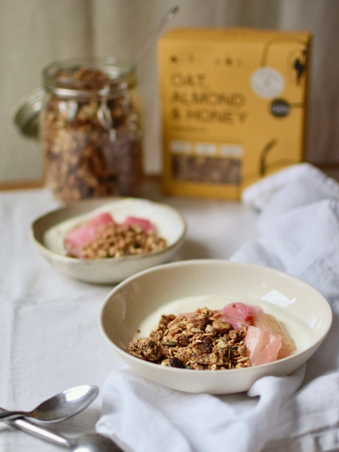 nibs etc. Oat Almond Honey Granola with Stewed Rhubarb and Yoghurt