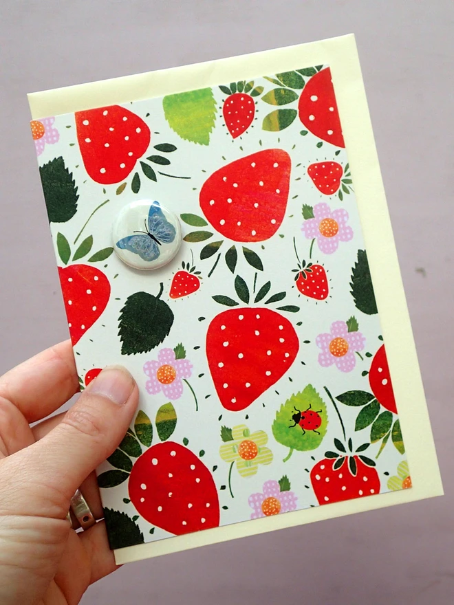strawberry and butterfly card with pin badge