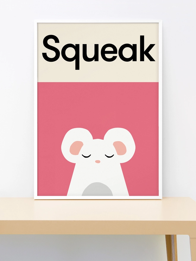 wall print of an illustrated mouse on pink background