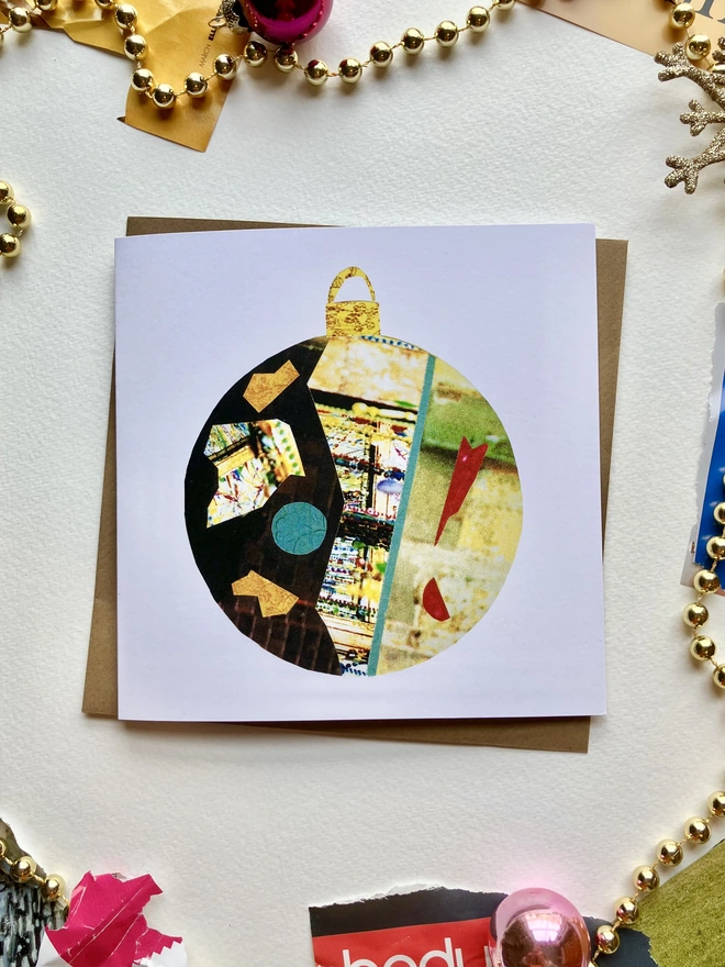 festive paper collage bauble christmas card