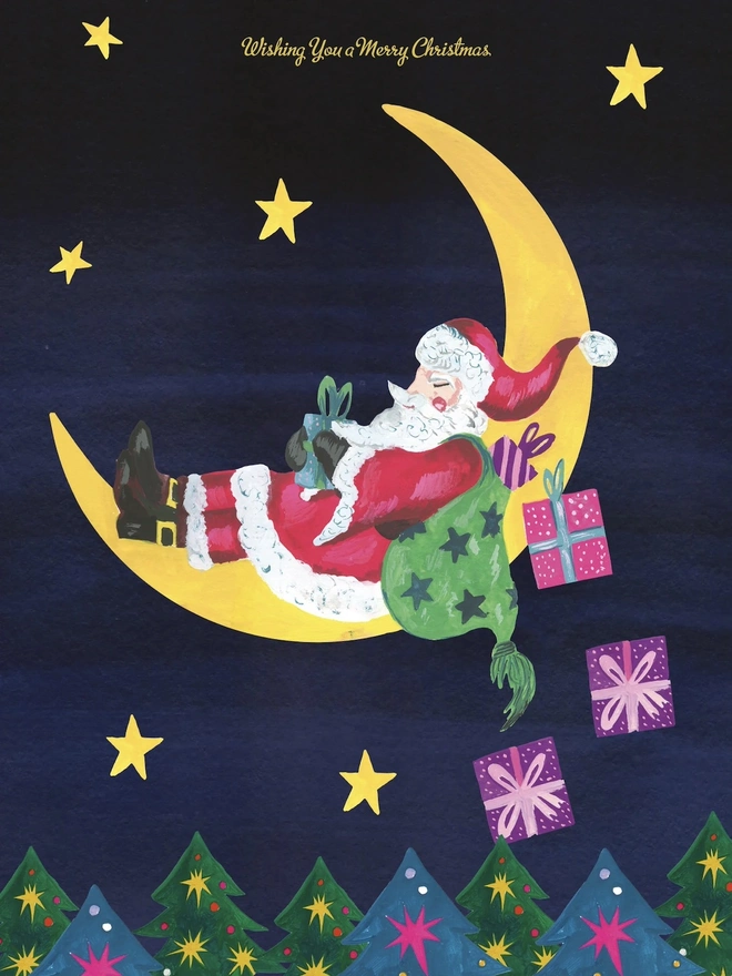 'Wishing You A Merry Christmas' Santa On Moon Christmas Card