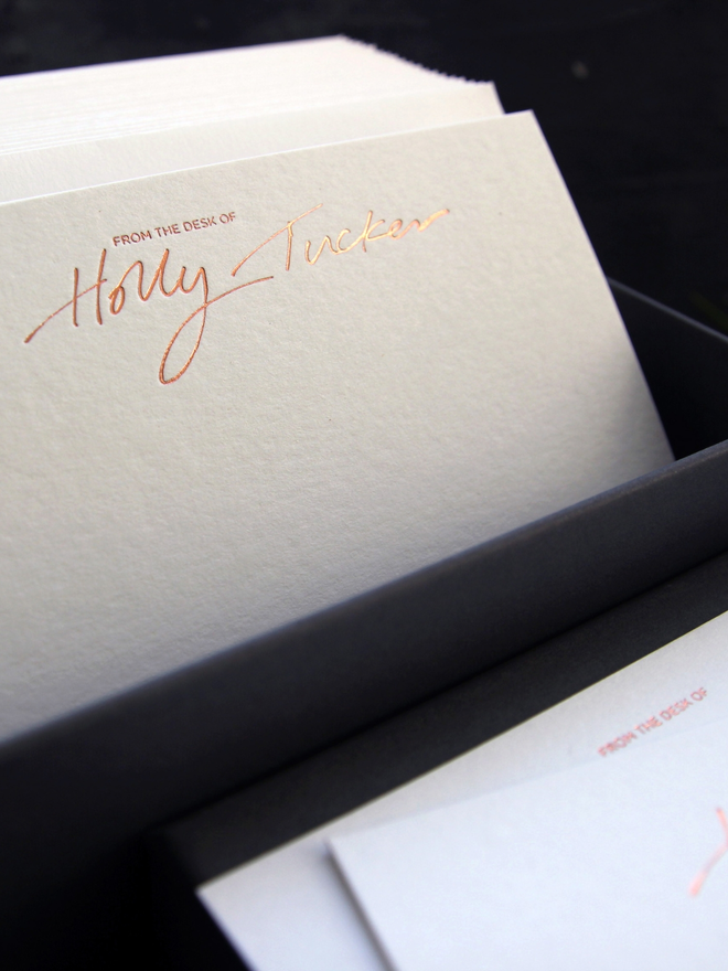 peronalised correspondance notecards hand foiled in rose gold foil