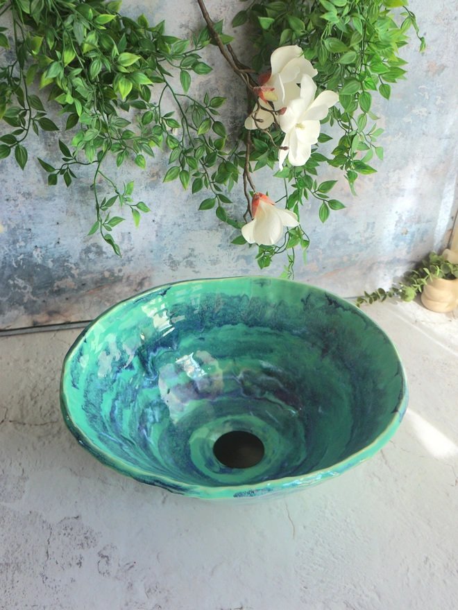 bathroom basin, bathroom sink, handcrafted sink, handcrafted basin ceramic basin, ceramic sink, Jenny Hopps Pottery, sculptural basin, bespoke basin, green basin, green sink