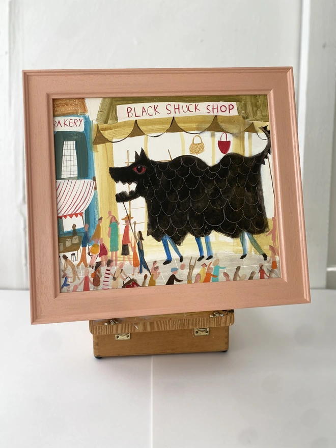 Original oil painting depicting the legendary East Anglian folklore dog, Black Shuck, crafted in a rich folk art style by Suffolk artist Samantha Barnes.