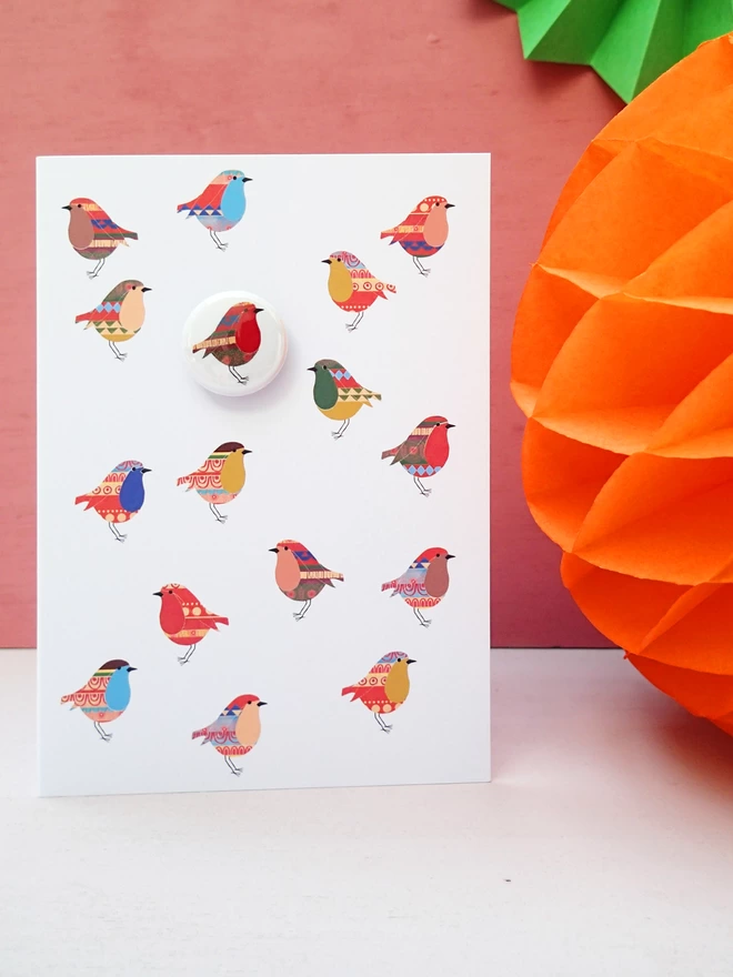 Trifle robins greeting card with pin badge