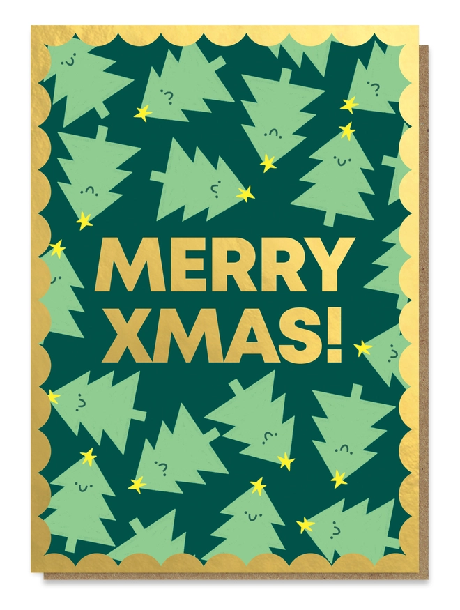 Greeting card with illustrations of lots of smiley Christmas trees scattered around the words "Merry Xmas!"