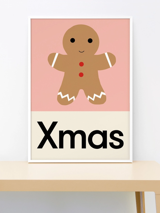 illustrated gingerbread man wall print with word Xmas