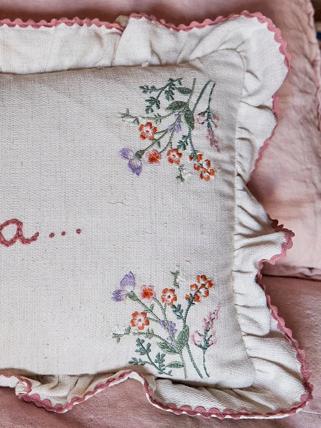 Linen Cushion With Embroidered Floral Border And Ruffle Trim