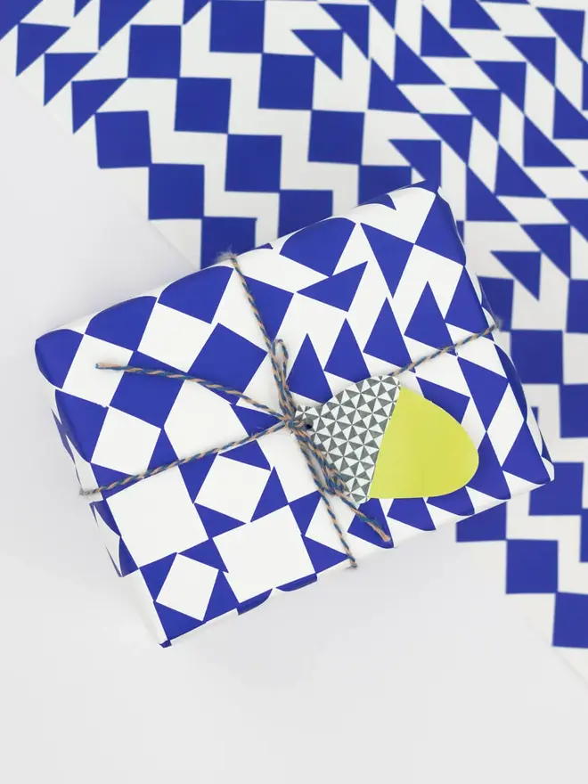 blue and white geometric pattern gift wrap