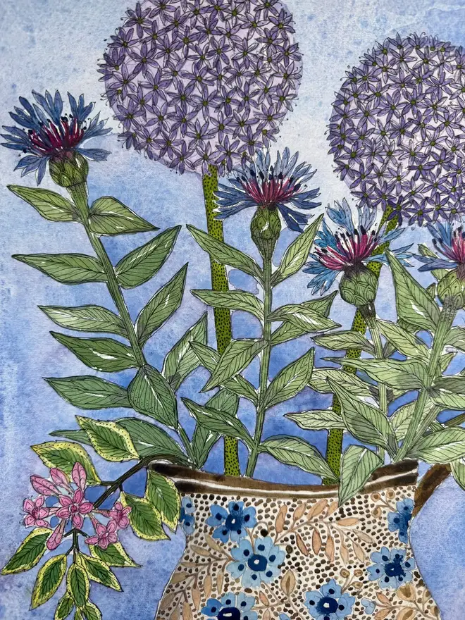 Alliums, mountain cornflowers and Weigela