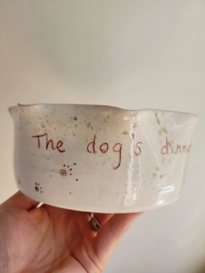 ivory ceramic dog bowl with 'the dog's dinner' written on the side with brown green and blue splatters and pawprints held in a hand