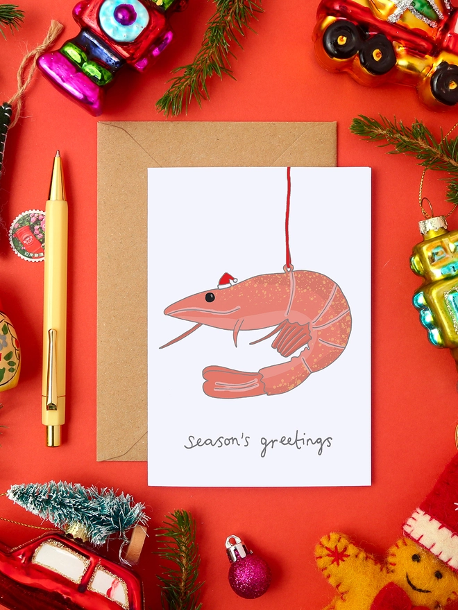 Quirky Christmas Card Featuring a Prawn Tree Decoration