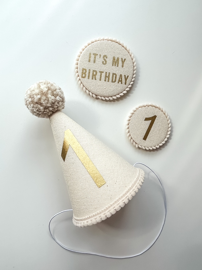 Cream Canvas and Gold Birthday Badge and Party Hat