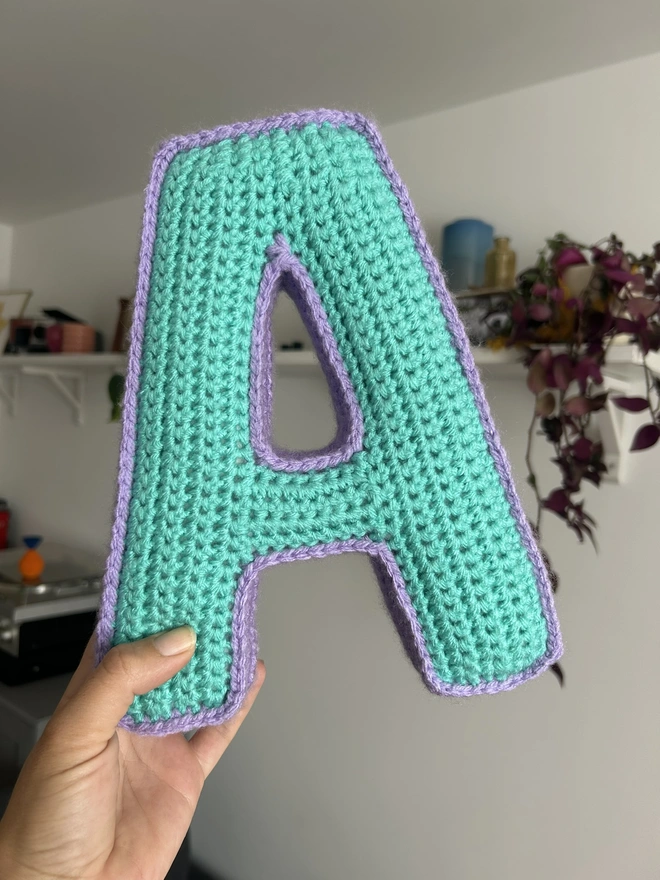 Crochet Letter A Cushion in Teal and Lilac