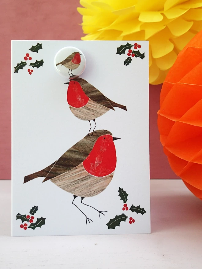 Robin and holly christmas card with badge
