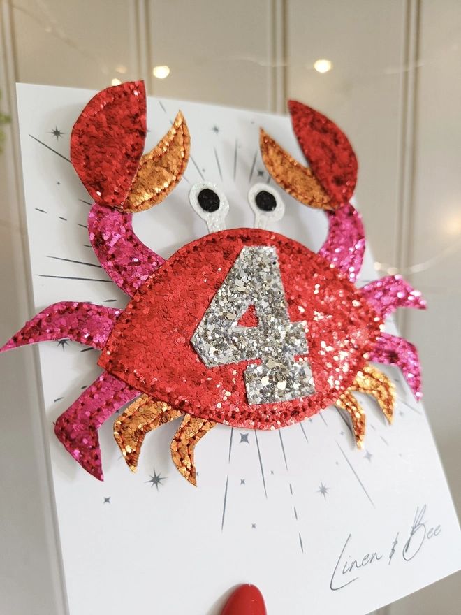 Personalised Glitter Crab Birthday Badge. 