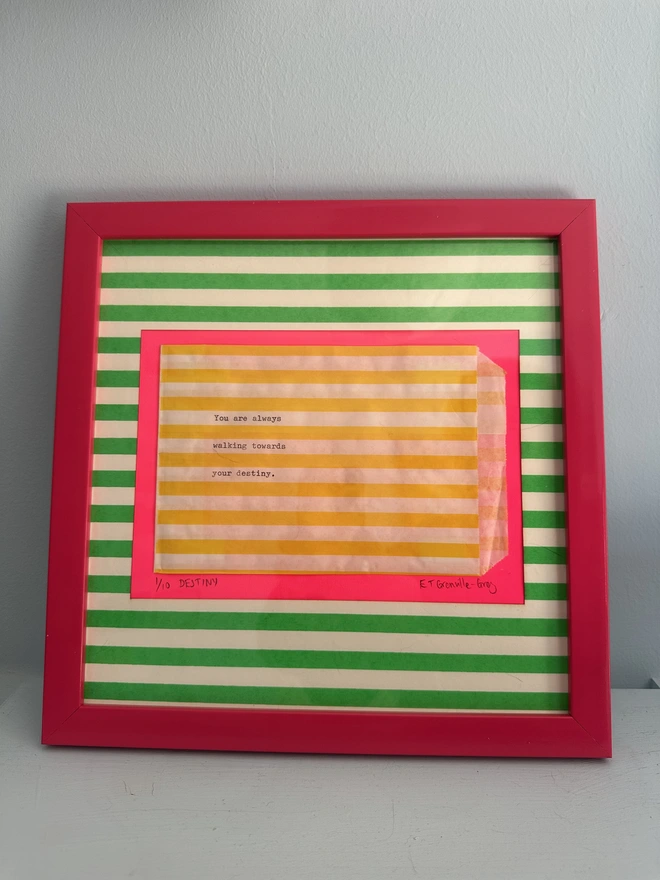 Destiny Sweet Nothing in striped mount and pink frame. Wall ready art.