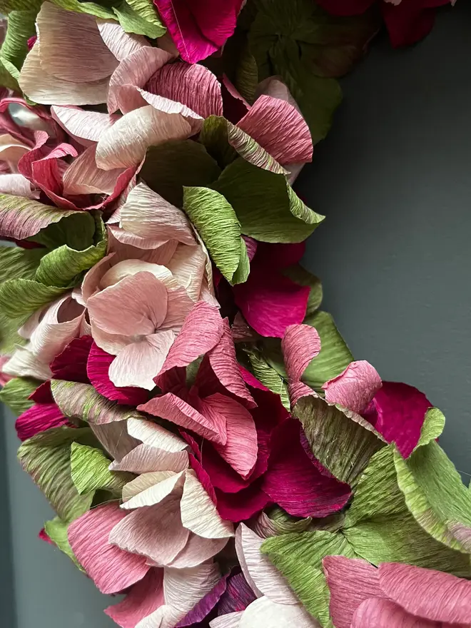 Green, Pink, Plum & Taupe Crepe Paper Christmas Wreath