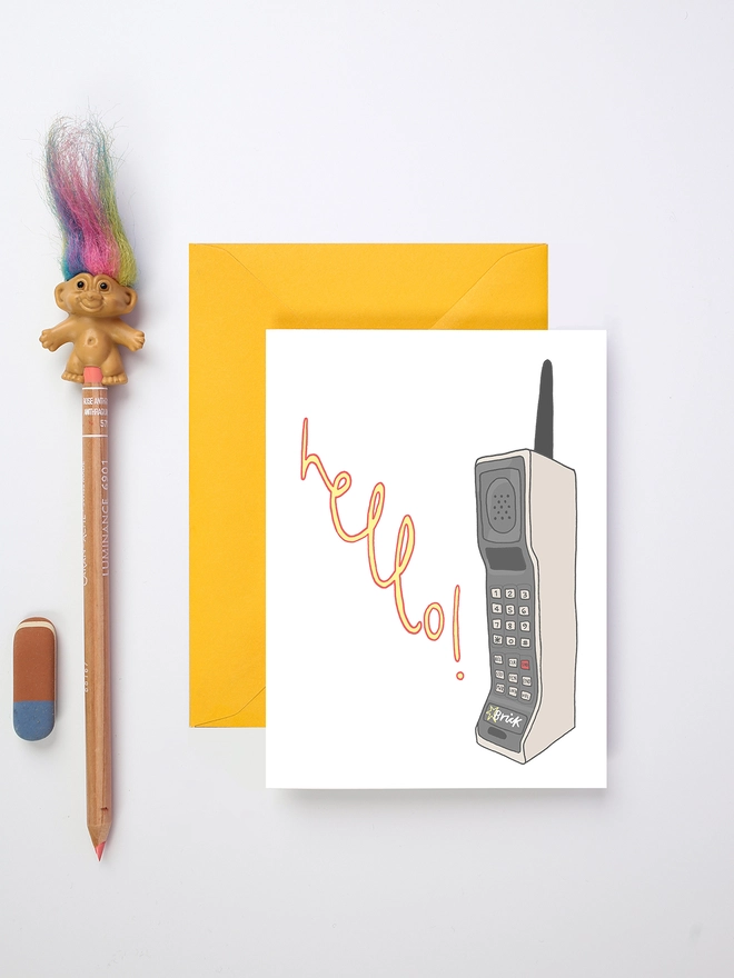 Thinking of you card featuring an old brick phone