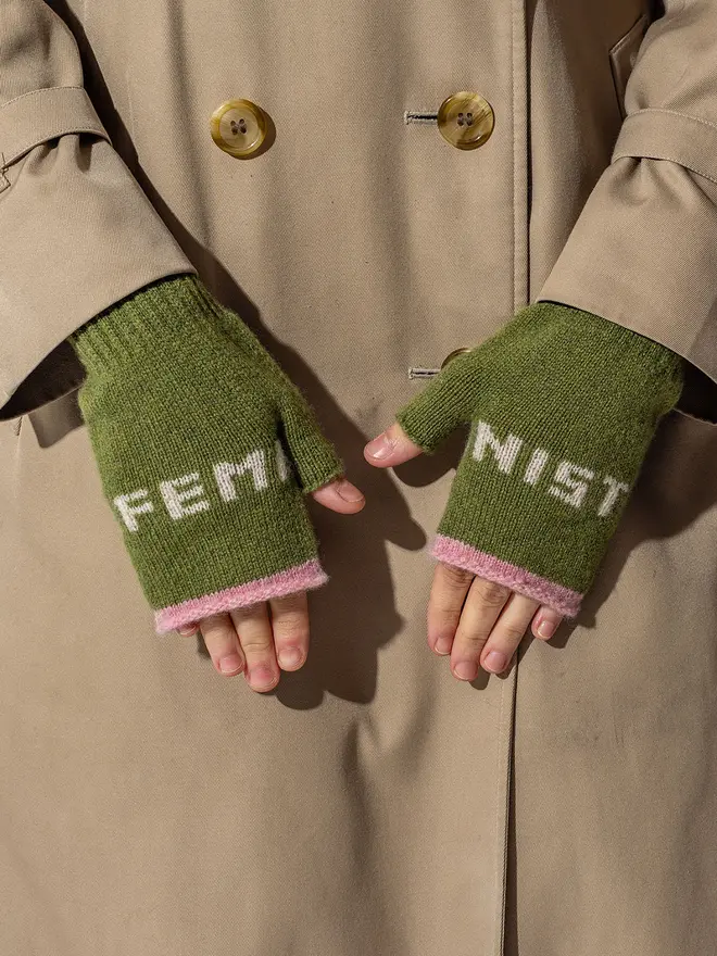 Feminist Mittens - Main - Pistachio Trim - Calamine Wording - Ecru