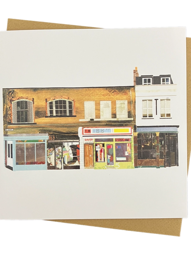  Greetings Card with a collaged illustration of Shoreditch high street with an envelope on a white background.