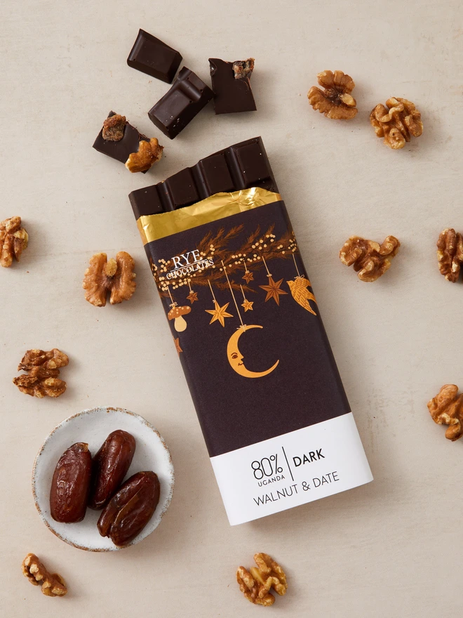 Walnut & Date Chocolate Bar - 80% Ugandan