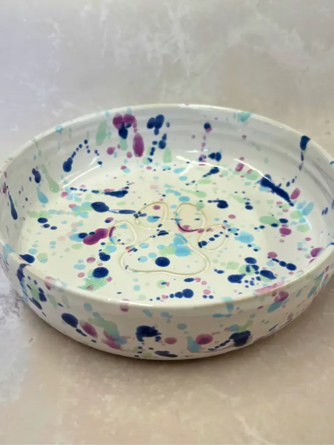 Sweetpea Dog Bowl, a colourful dog bowl placed on a stone surface. 