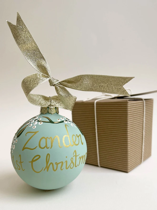 Duck egg blue personalised bauble with kraft giftbox
