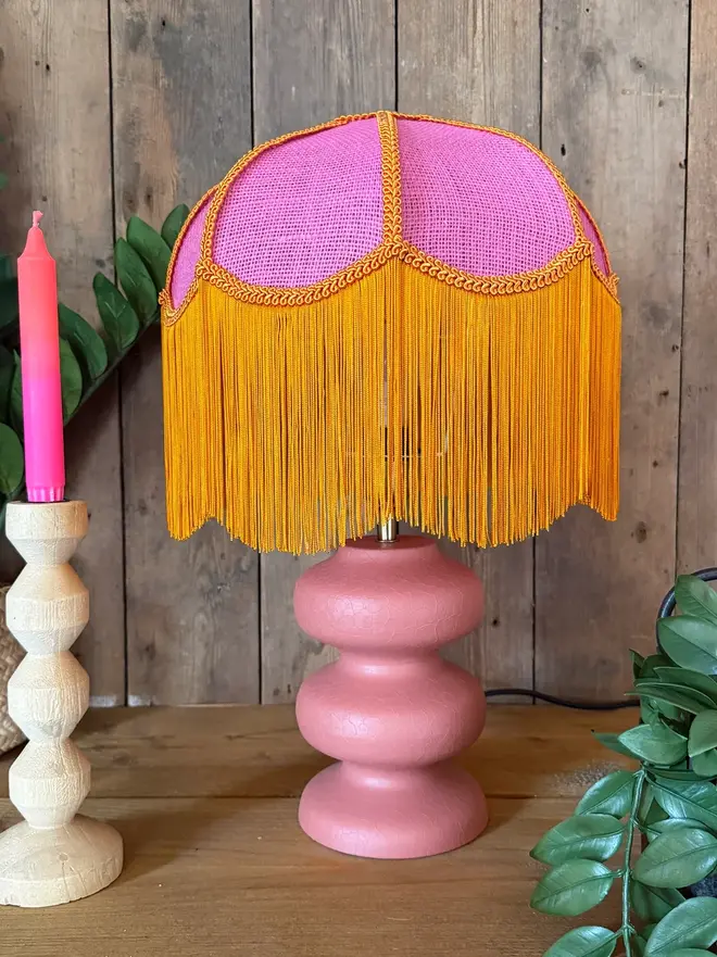 Pink Hessian Petal Lampshade With Pumpkin Fringe