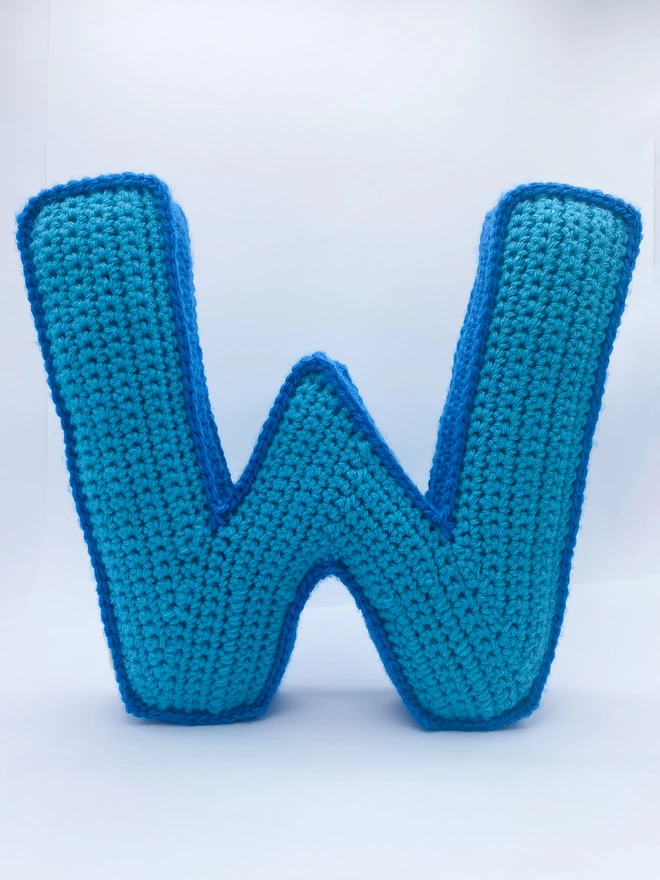 Crochet W Cushion in Light Blue and Blue