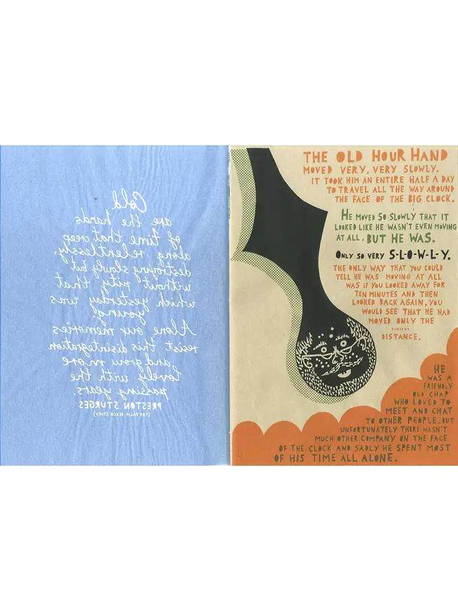 The Hands of Time Screenprinted Zine opened on the first page