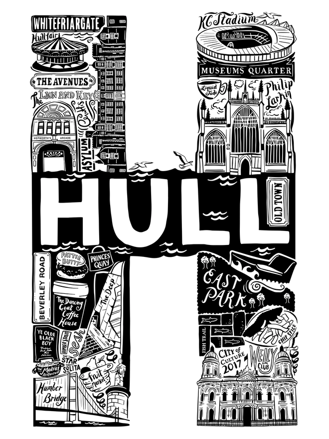 Hull black and white typographic print