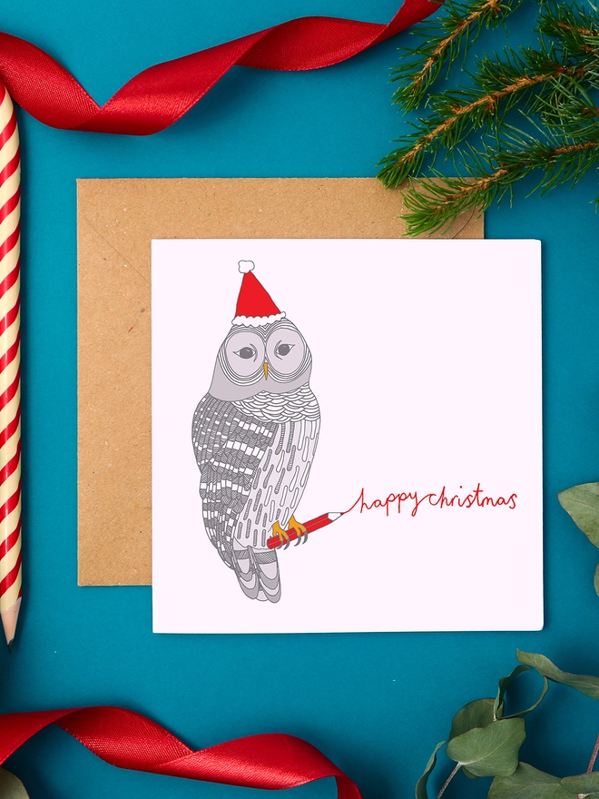 Christmas Card Featuring a Festive Owl