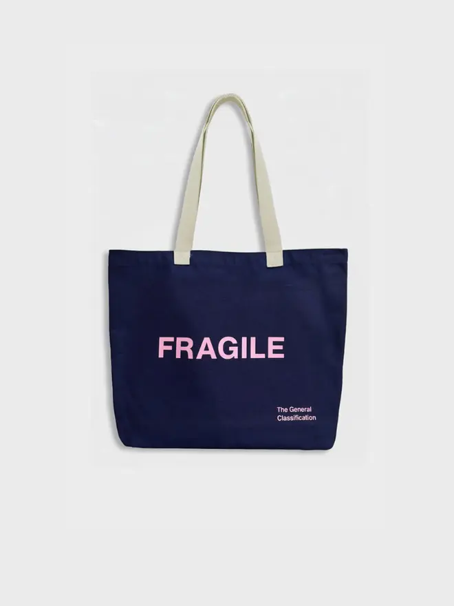 'Fragile' Oversized Tote Navy, against a white background. 